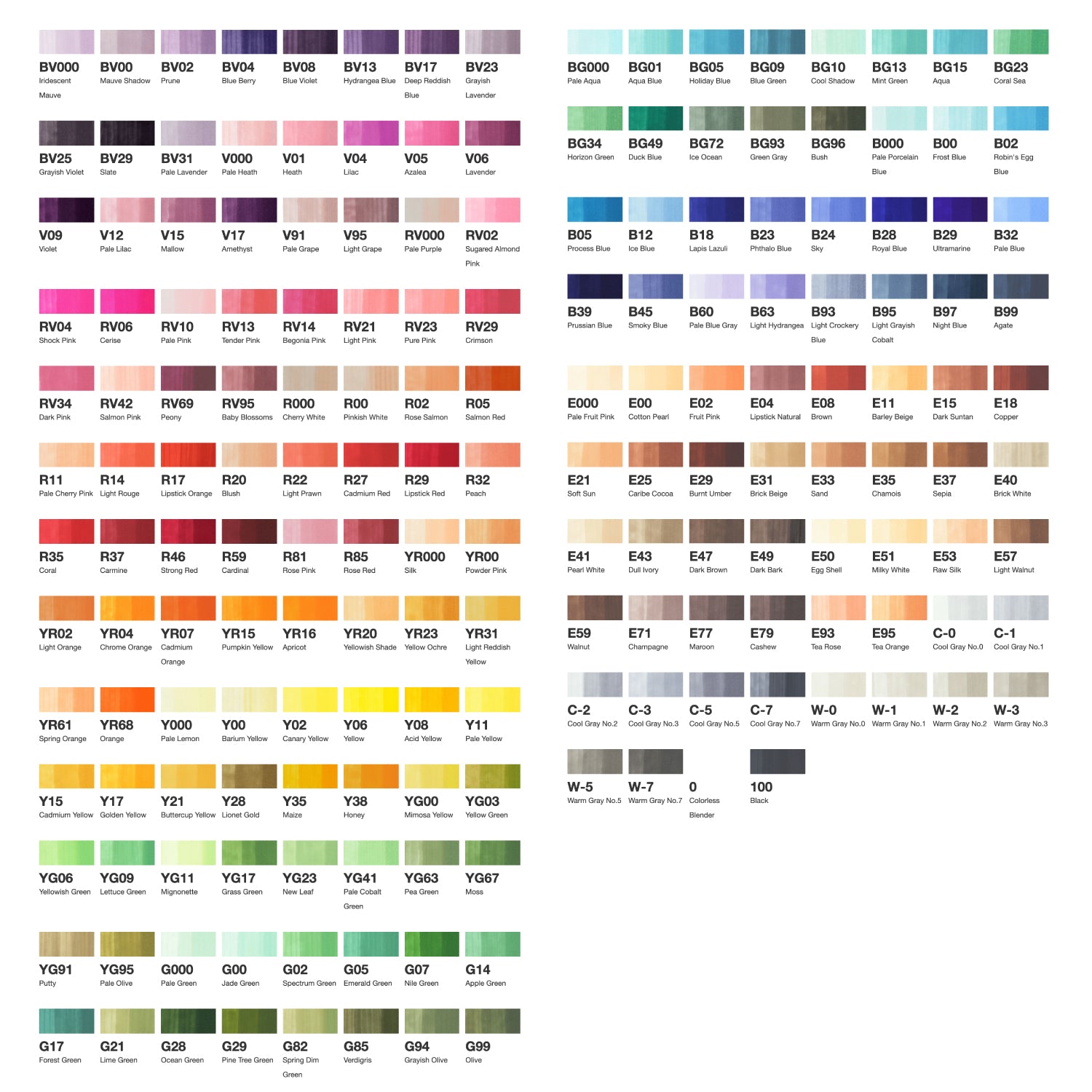 Tutti i 180 colori del Copic Ciao. Ogni colore è accompagnato dal suo codice e dal suo nome. 