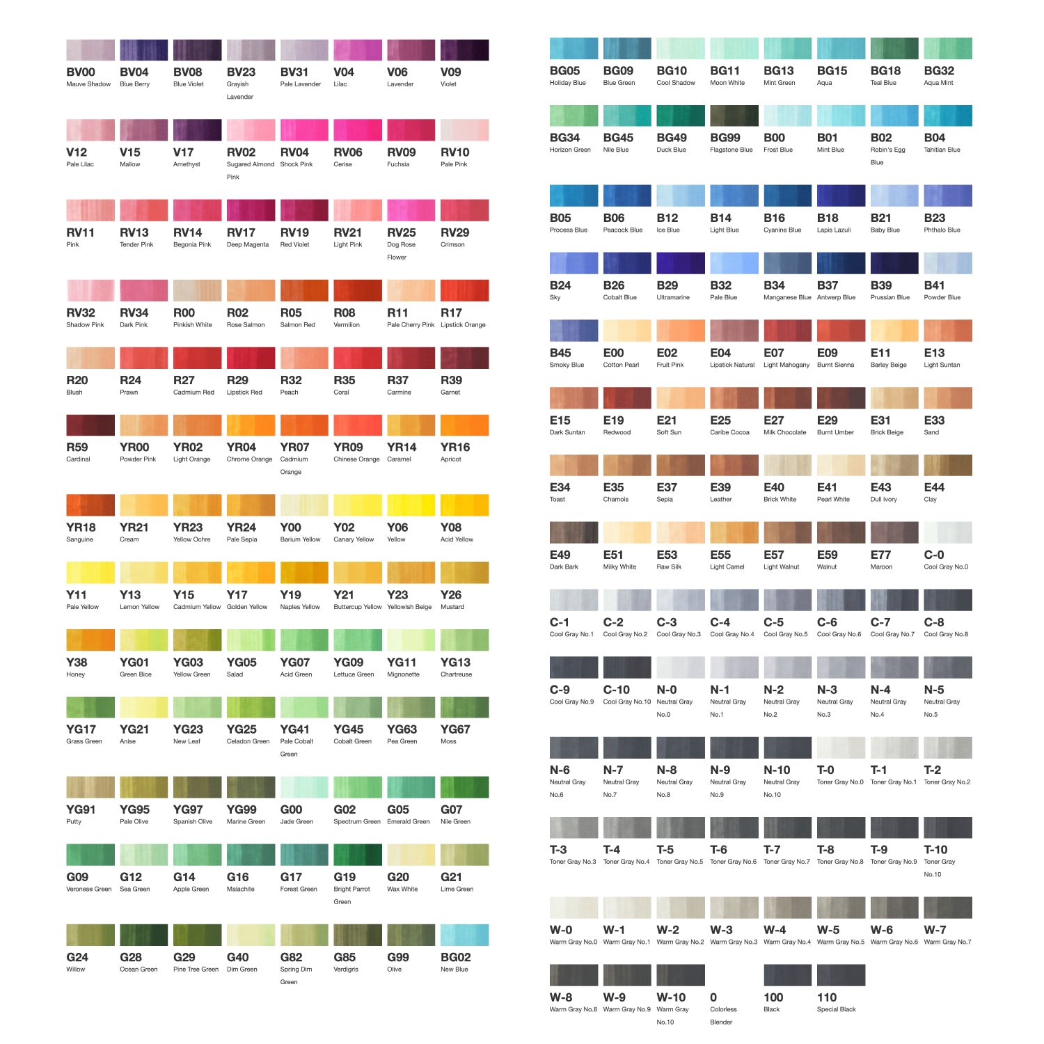 La cartella colori dei 214 Copic Classic. I colori sono stati selezionati per il design, l'architettura. Ogni colore è accompagnata dal suo nome e codice.
