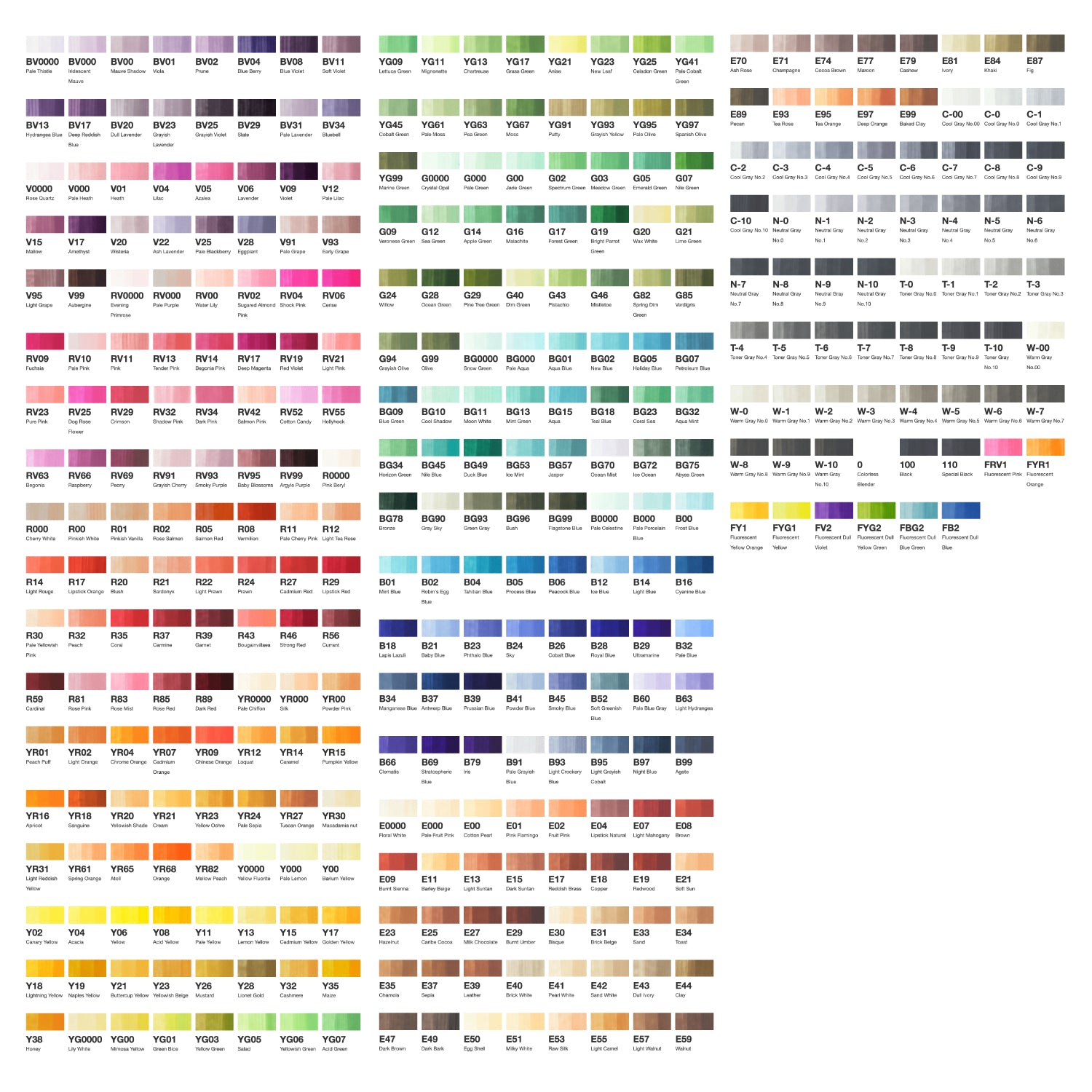 i 358 colori del pennarello Copic Sketch. Un vero piacere per gli occhi. Ogni pennarello è accompagnato dal suo codic. e il suo nome,